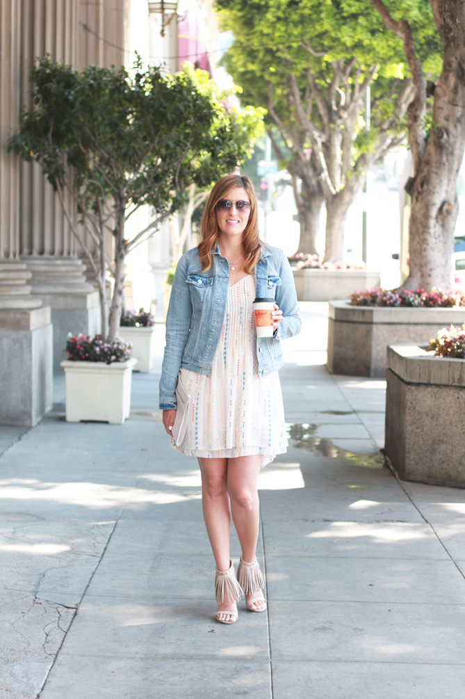 Printed dress, denim jacket and fringe heels. A date night look or day out on the town.