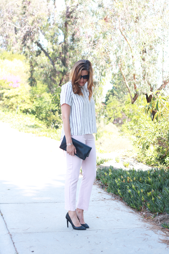 A great ootd with a day to evening look with blush pants and a striped top.