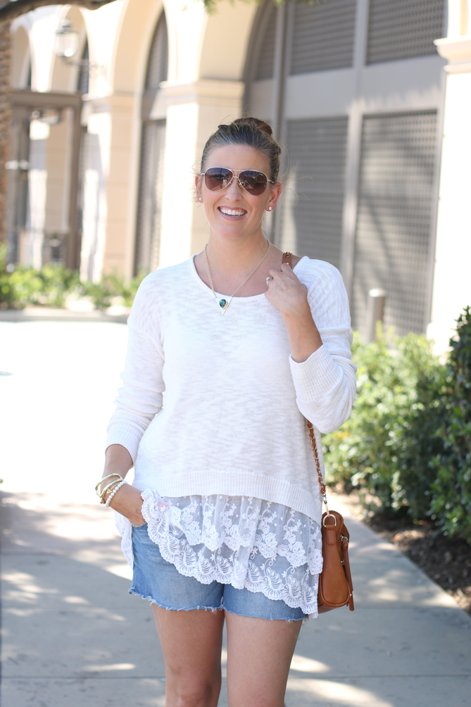 The perfect cool evening personal style with a sweater and cutoffs. - The Fashionista Momma