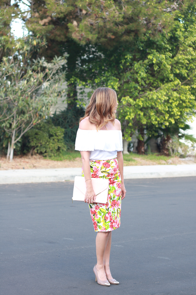 floral printed skirt and off the shoulder top from thredUP. - The Fashionista Momma