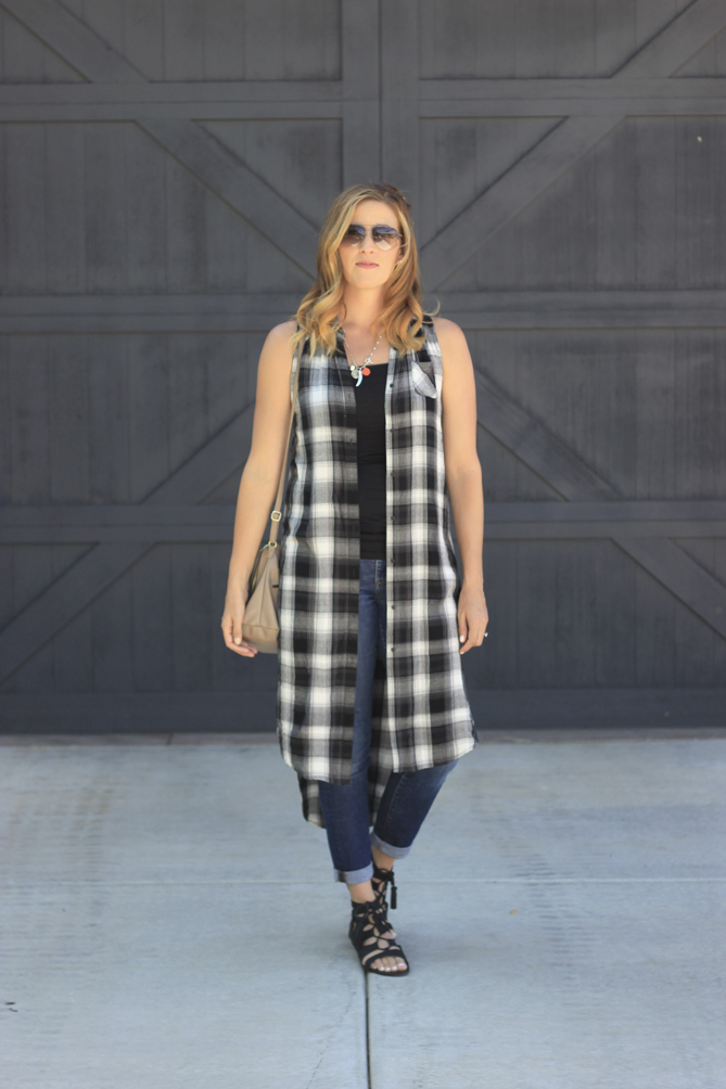 An outfit for every season with a plaid dress and jeans. - The Fashionista Momma