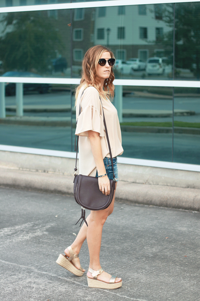 bell sleeve top with cutoff shorts and platforms. - The Fashionista Momma