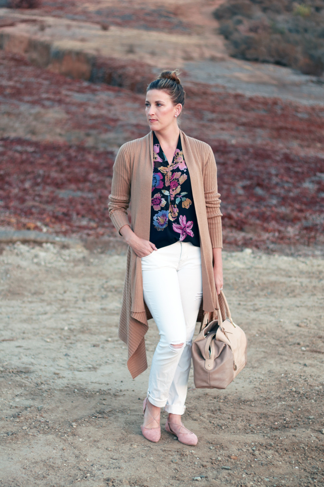 Fall Floral printed top with a camel cardigan and distressed denim. - The Fashionista Momma