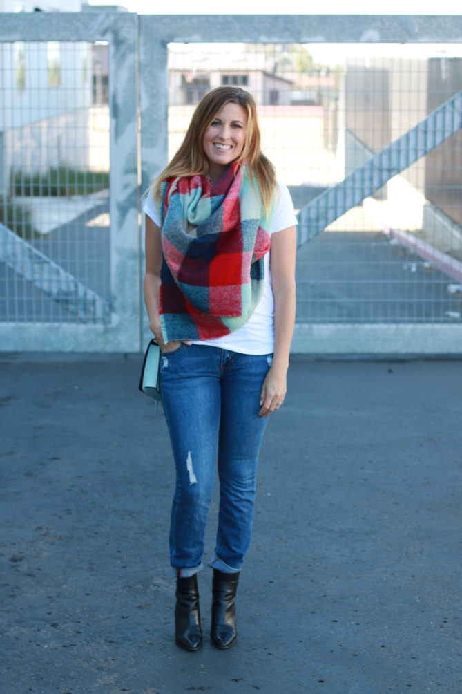 jeans and t-shirt with a blanket scarf.
