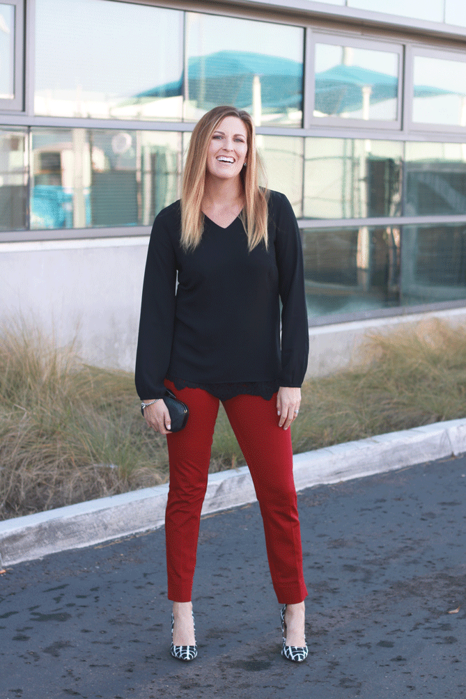 The Fashionista Momma shares a look for the holidays from Cabi with red trousers and lace. - Cabi Pants For The Holidays by popular Los Angeles fashion blogger, The Fashionista Momma
