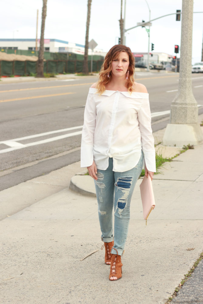 The perfect off the shoulder collared shirt for the weekly style edit linkup. - Off The Shoulder Collar Shirt styled by popular Los Angeles fashion blogger, The Fashionista Momma