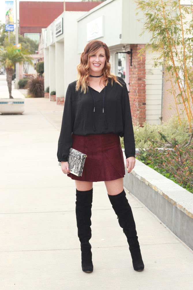A velvet skirt and over the knee boots. - Shopbop Suede Mini Skirt by popular Los Angeles fashion blogger The Fashionista Momma