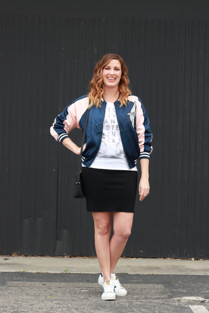 The perfect bomber jacket and a casual pencil skirt.
