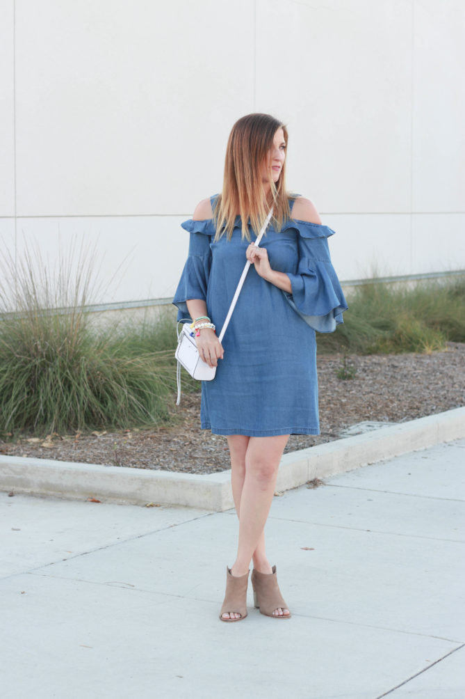 The perfect cold shoulder chambray dress with ankle booties. The perfect cold shoulder chambray dress with ankle booties.