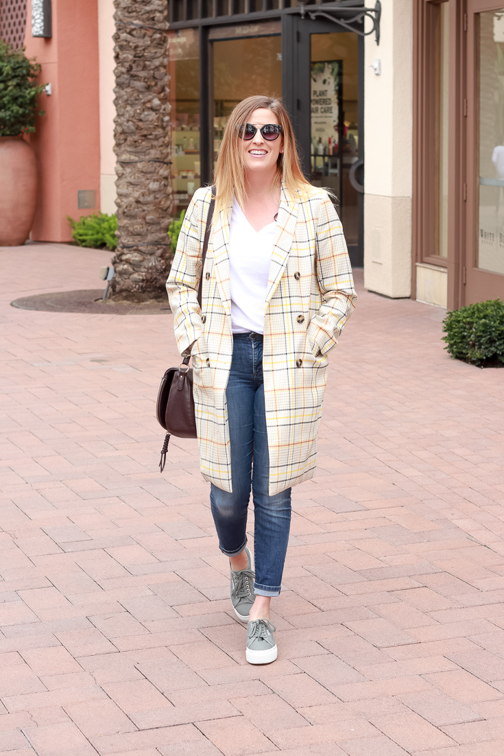 The Fashionista Momma styles a plaid jacket and Superga sneakers for the perfect spring transition outfit.