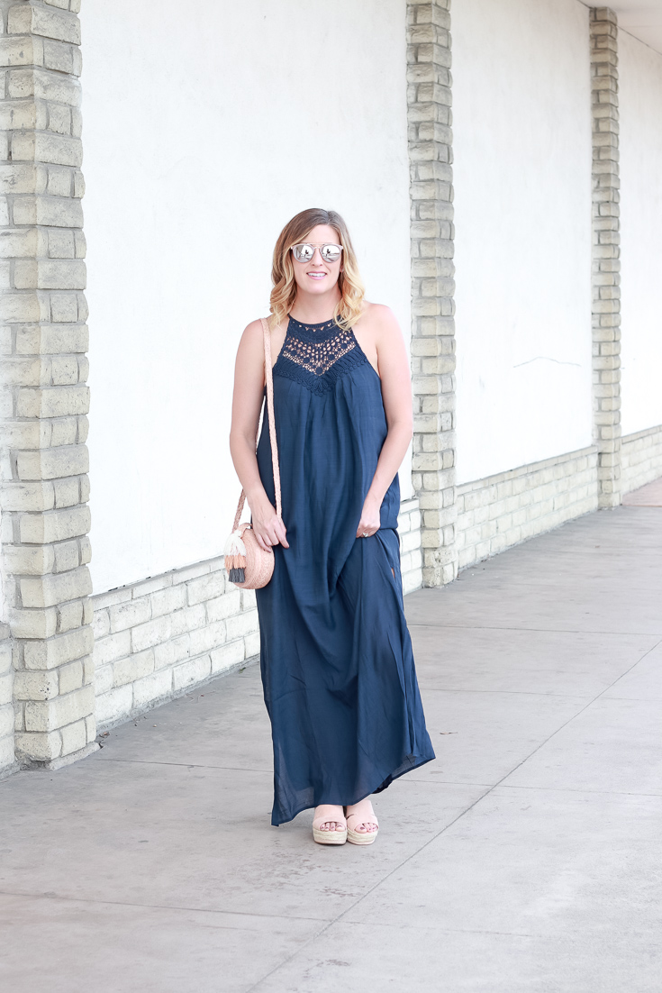 The Fashionista Momma styles a navy maxi dress from PinkBlush