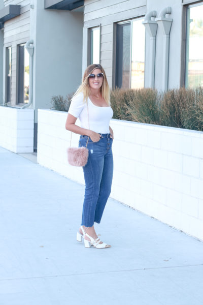 How to style your Jeffrey Campbell heels this fall featured by top US style blogger, The Fashionista Momma; blonde woman wearing cropped denim and white Jeffrey Campbell Heels.