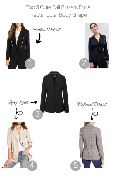 Top 5 cute blazers for a rectangular body shape featured by Top US Style blogger, The Fashionista Momma; collage of blazers for a rectangular body.