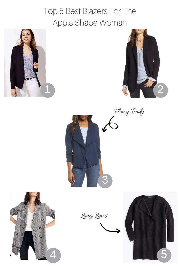 Top 5 best blazers for the apple shape woman featured by popular US Style Blog The Fashionista Momma; collage of top 5 blazers for an apple shaped woman
