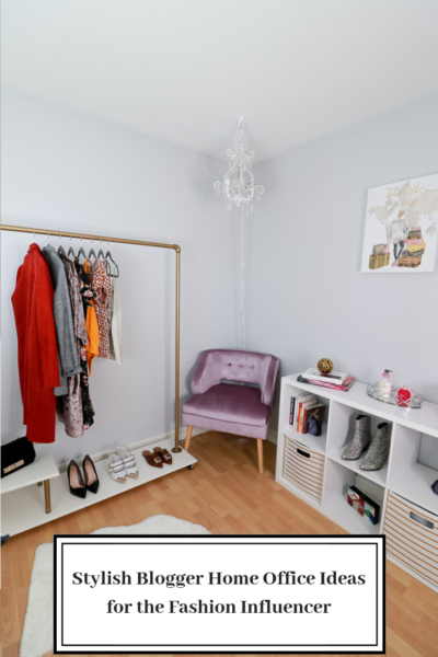Stylish Blogger Home Office Ideas for the Fashion Influencer featured by top US Style Blogger, The Fashionista Momma; DIY rolling rack with purple chair and shelf.