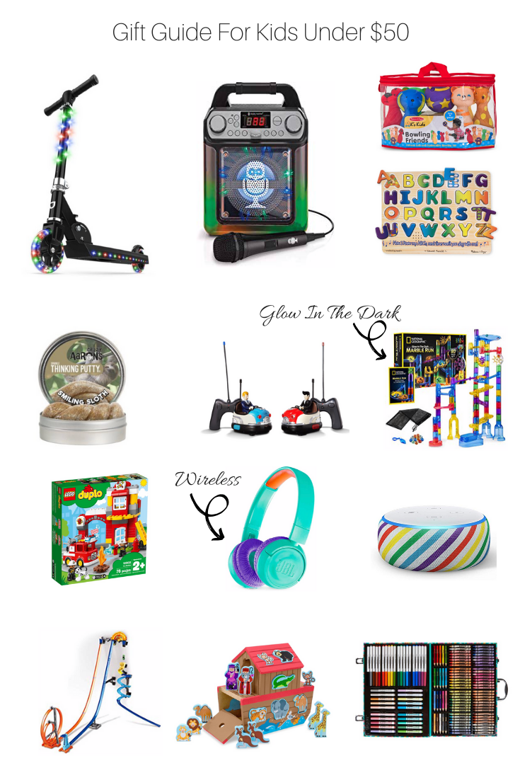 Gift guide for kids under $50 featured by US Fashion Blogger The Fashionista Momma; Collage of gifts for kids