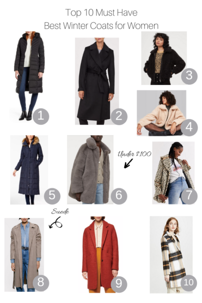 Top 10 Must Have Best Winter Coats For Women featured by Top US Style Blogger, The Fashionista Momma; collage of best winter coats including sherpa, H&M Fur Coat and a Suede Jacket from Zara.