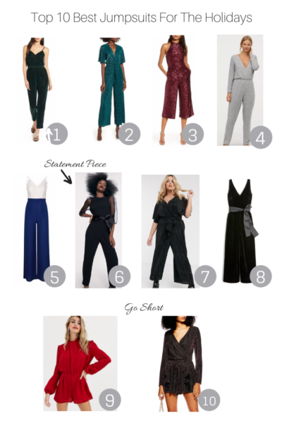 Top 10 Best Jumpsuits For The Holidays featured by popular US Style Blogger, The Fashionista Momma; sale collage of jumpsuits.