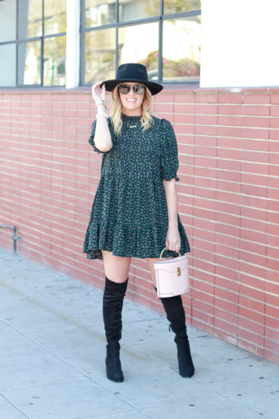 Babydoll Doll Dress With Boots Featured By The Fashionista Momma; image of woman wearing a Zara Dress with OTK Boots