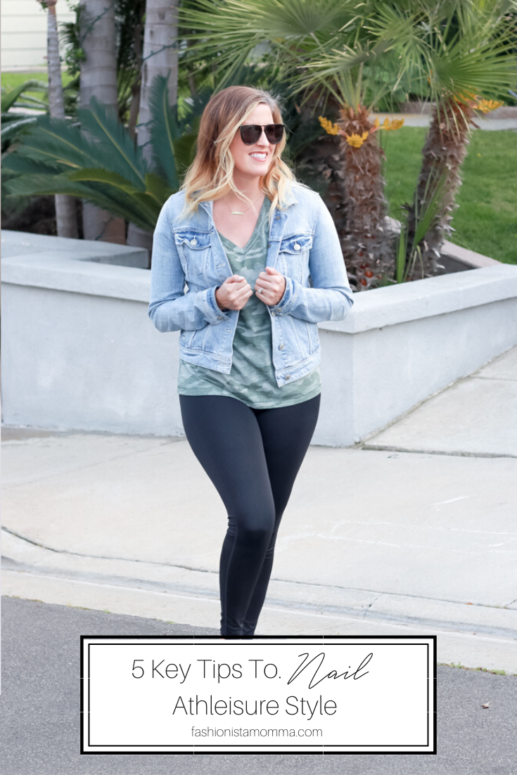 5 Key Tips To Nail Athleisure Style featured by popular US Style Blogger, The Fashionista Momma, woman wearing leggings and a camo shirt.