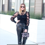 How To Style Leather Joggers featured my Popular US Style Blogger, The Fashionistas Momma; woman wearing leather pants and a black Zara embellished top.