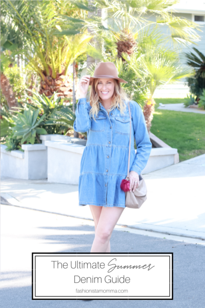 The Ultimate Summer Denim Guide featured by popular US Style Blogger, The Fashionista Momma; woman wearing a denim dress and sneakers.