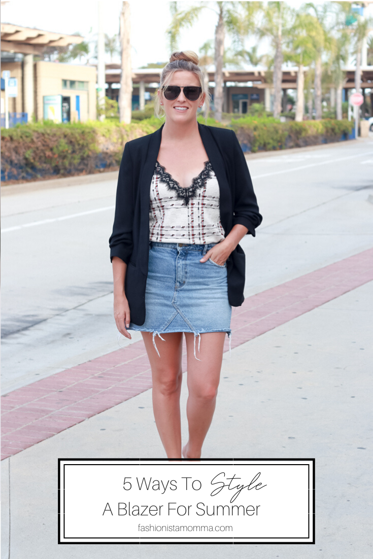 5 Ways To Style A Blazer For Summer featured by popular US style Blogger, The Fashionista Momma; woman wearing denim skirt and blazer.