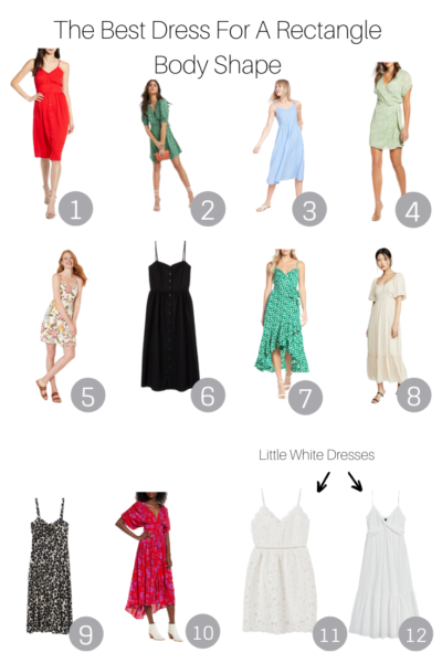 The Best Dress For A Rectangle Body Shape featured by Top US Style Blogger, The Fashionista Momma; collage of dresses for a rectangle body shape.
