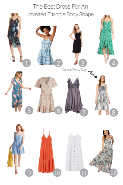 The Best Dress For An Inverted Triangle Body Shape featured by Popular US style blogger, The Fashionista Momma; collage of dresses