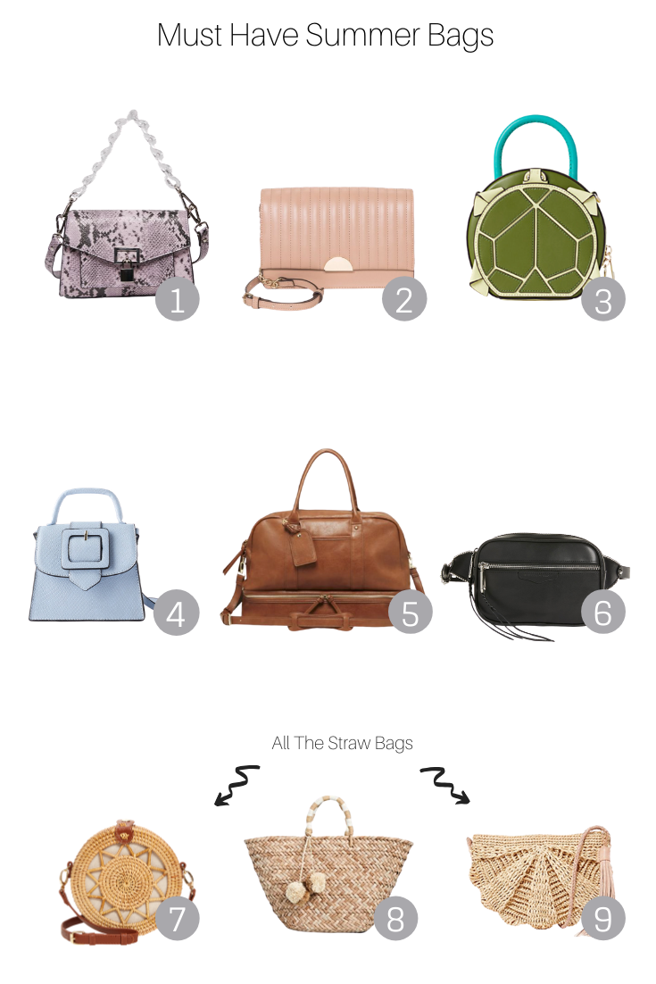 Must Have Summer Bags featured by Popular US Style Blogger, The Fashionista Momma; collage of the must have summer bags