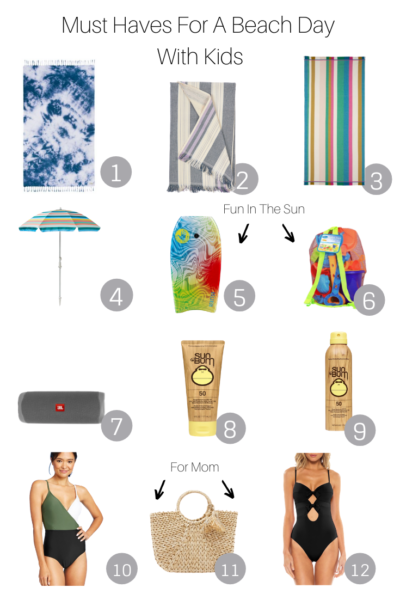 Must Haves For A Beach Day With Kids featured by popular US Mom Blog, The Fashionista Momma; collage of must have items for a beach day.