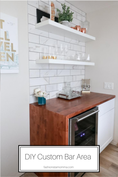 Popular US Style Blogger, The Fashionista Momma, shares the perfect DIY Custom Bar Area with a waterfall edge butcher block countertop; DIY Bar Area with butcher block counter