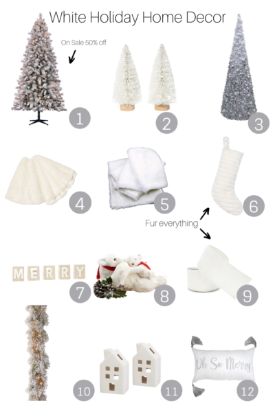 White Holiday Home Decor featured by popular US Style Blogger, The Fashionista Momma; collage of white home decor for the holidays.
