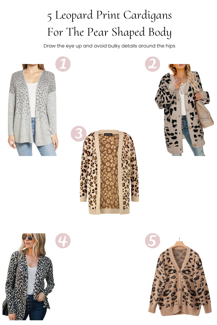 5 Leopard Print Cardigans For The Pear Shaped Body featured by Popular US Style Blogger, Style & Wanderlust; collage of 5 cardigans for the pear body.